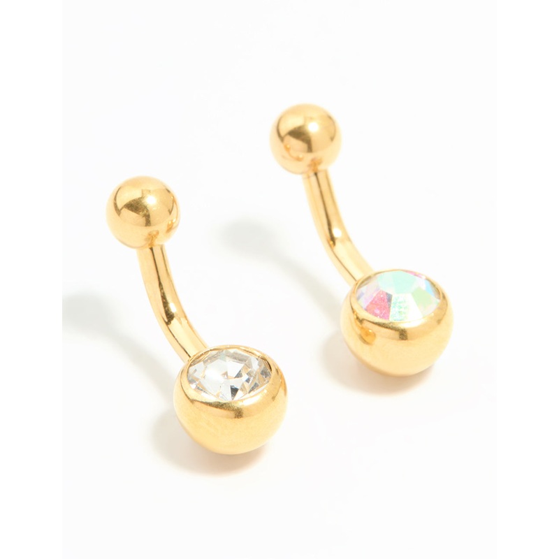 Gold Plated Titanium Cubic Zirconia Simple Belly Bars 2-Pack