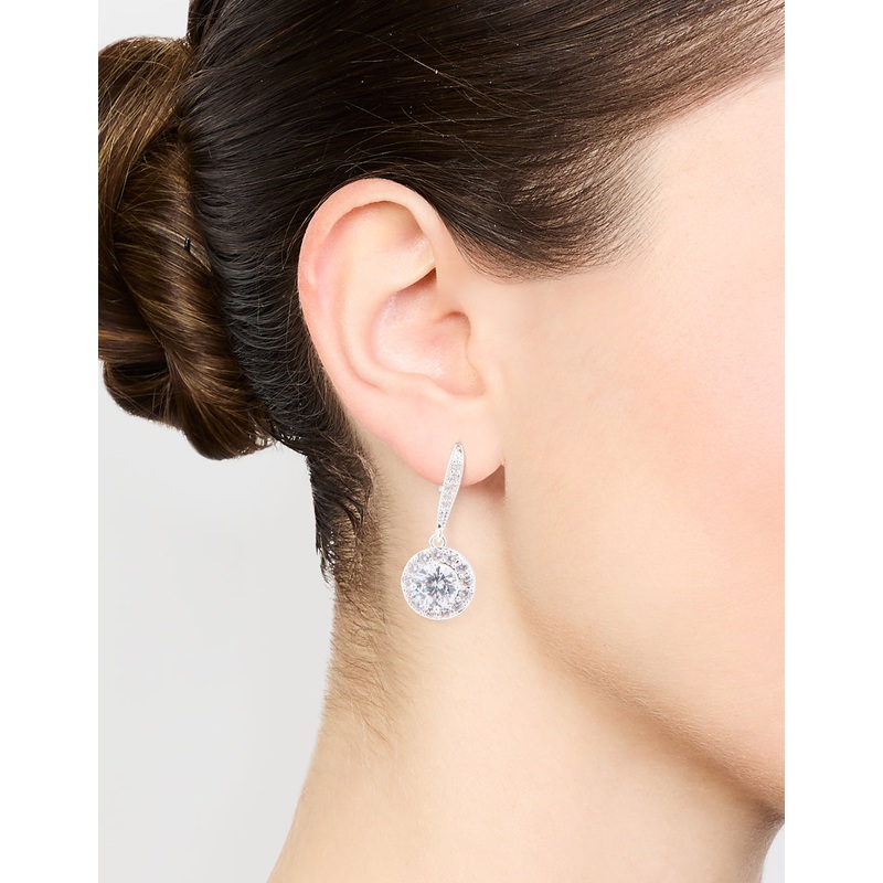 Silver Plated Cubic Zirconia Round Halo Drop Earrings