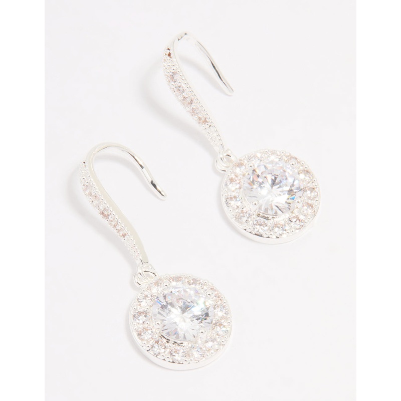 Silver Plated Cubic Zirconia Round Halo Drop Earrings