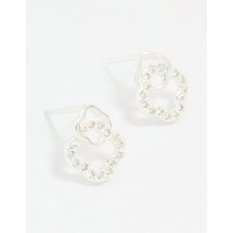 Sterling Silver Cubic Zirconia Double Flower Stud Earrings