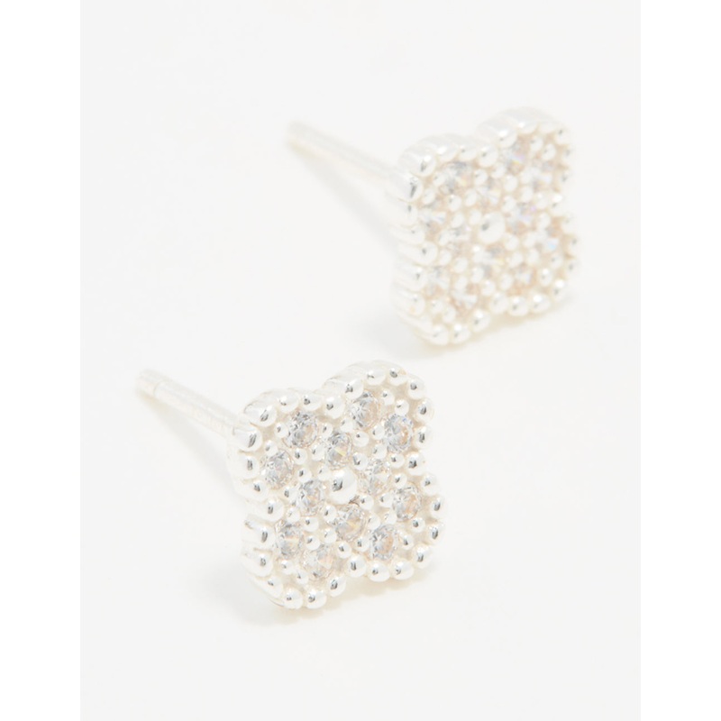 Sterling Silver Cubic Zirconia Pave Flower Stud Earrings