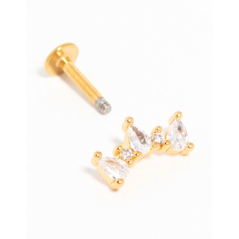 Gold Plated Titanium Cubic Zirconia  Pear Crawler Flat Back Stud