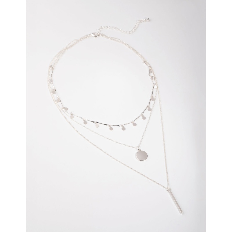 Silver Fine Drop & Bar 3-Row Necklace