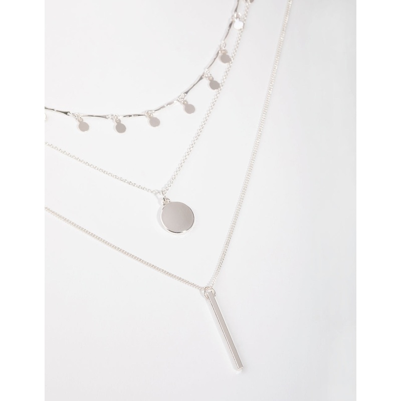 Silver Fine Drop & Bar 3-Row Necklace