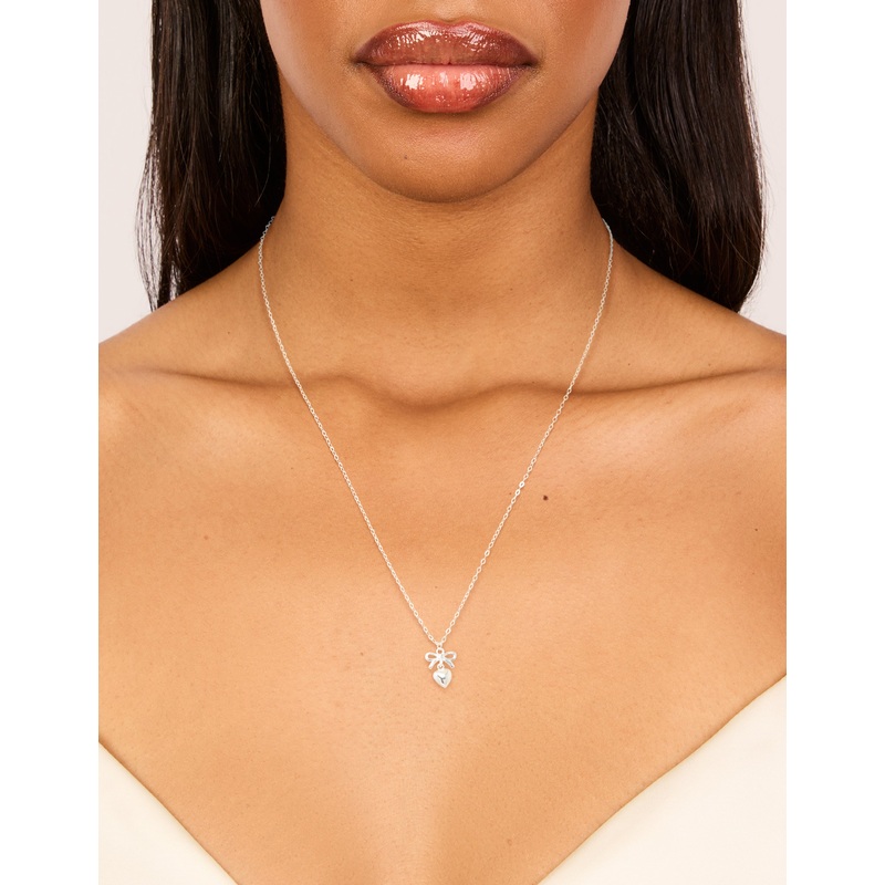 Sterling Silver Bow & Heart Drop Necklace