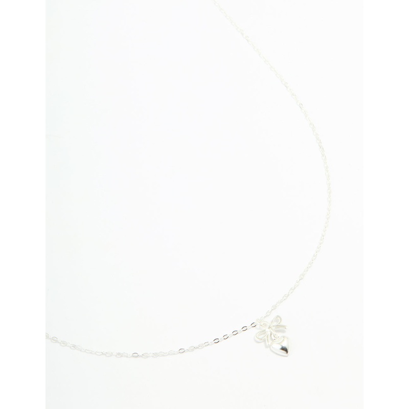 Sterling Silver Bow & Heart Drop Necklace