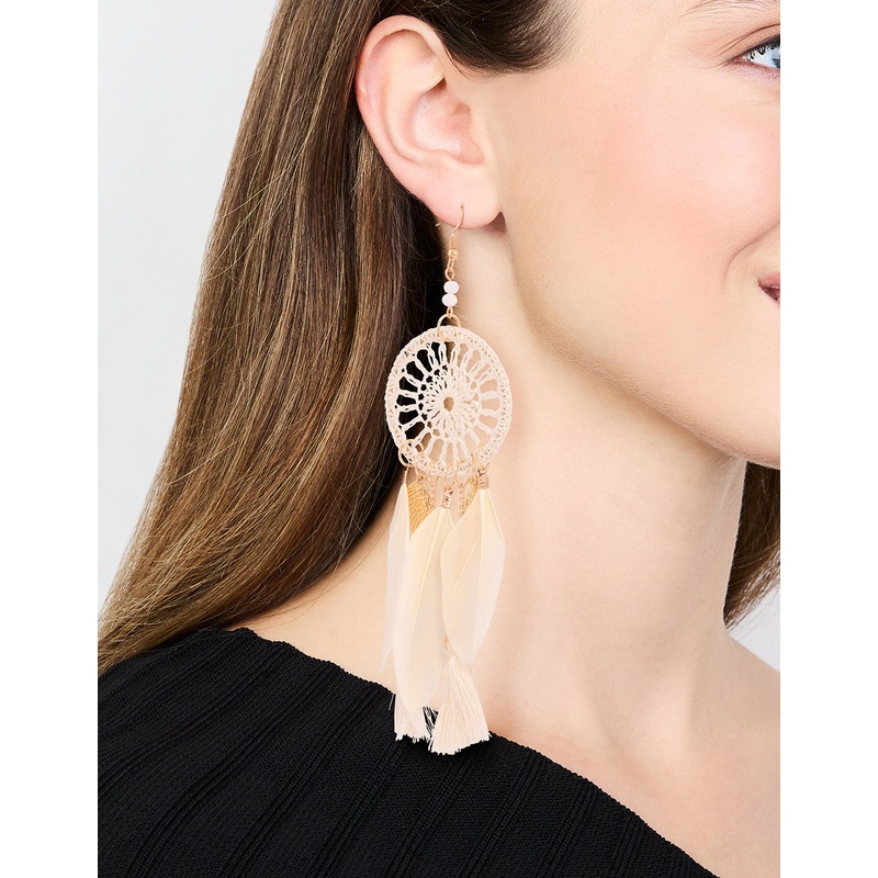 Cream & Gold Feather Dreamcatcher Drop Earrings