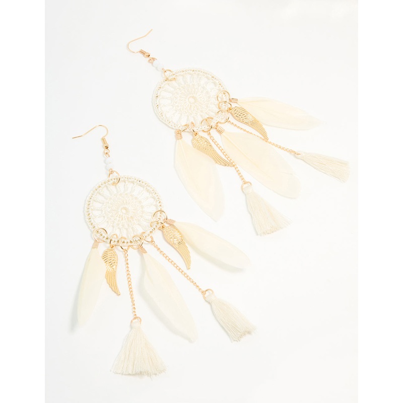 Cream & Gold Feather Dreamcatcher Drop Earrings