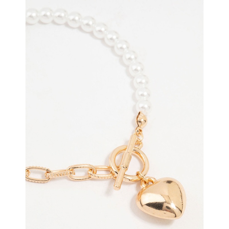 Gold Pearl Heart Charm T&O Bracelet