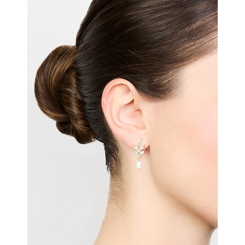 Gold Plated Cubic Zirconia Vine & Freshwater Pearl Drop Earrings