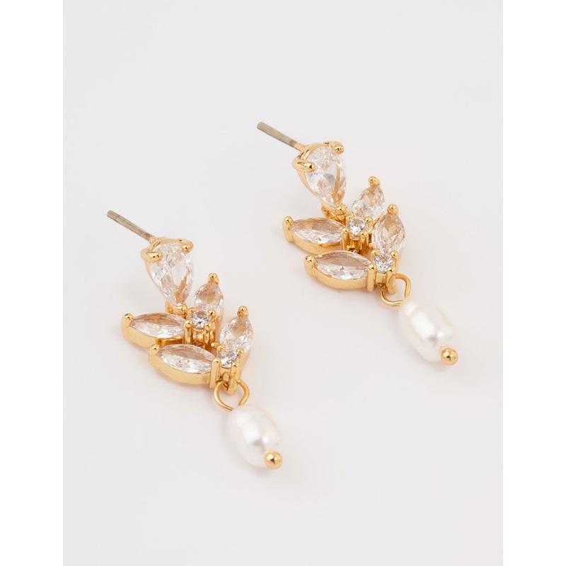 Gold Plated Cubic Zirconia Vine & Freshwater Pearl Drop Earrings