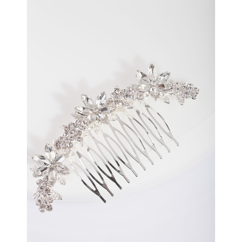 Silver Diamante Floral Comb