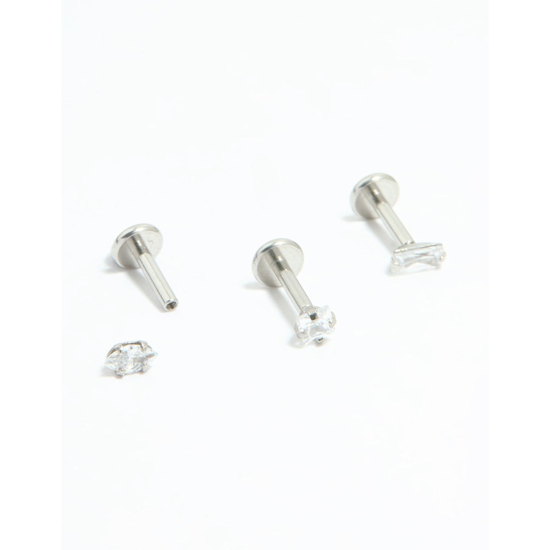 Surgical Steel Cubic Zirconia Mixed Shape Flat Back Studs 3-Pack