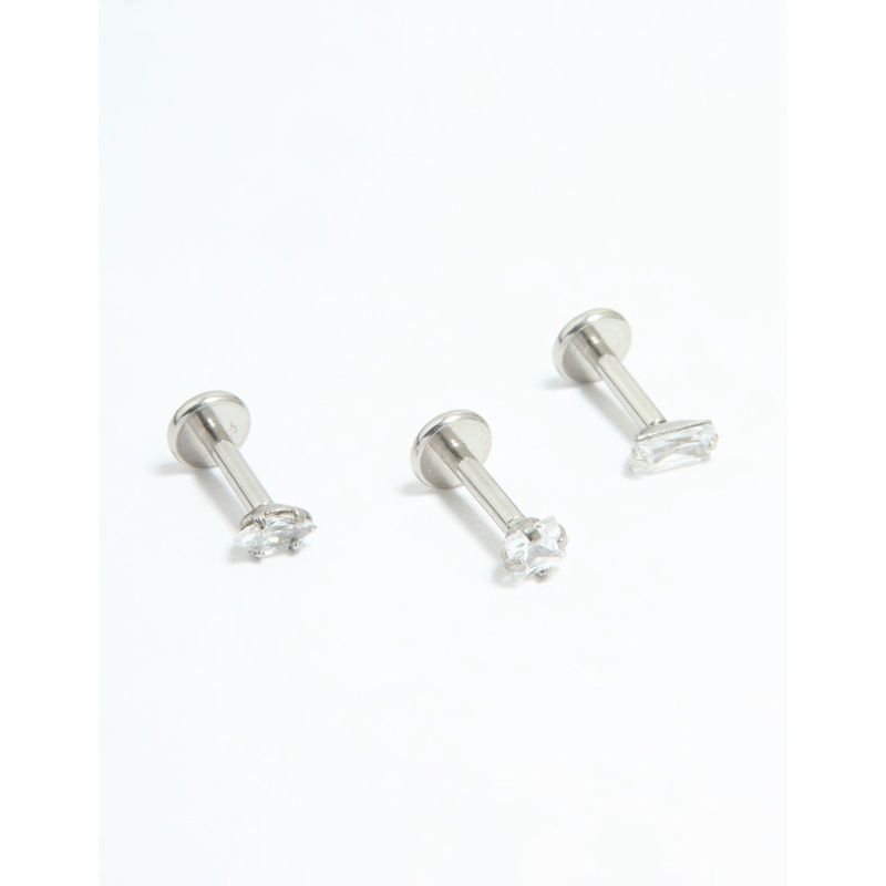 Surgical Steel Cubic Zirconia Mixed Shape Flat Back Studs 3-Pack