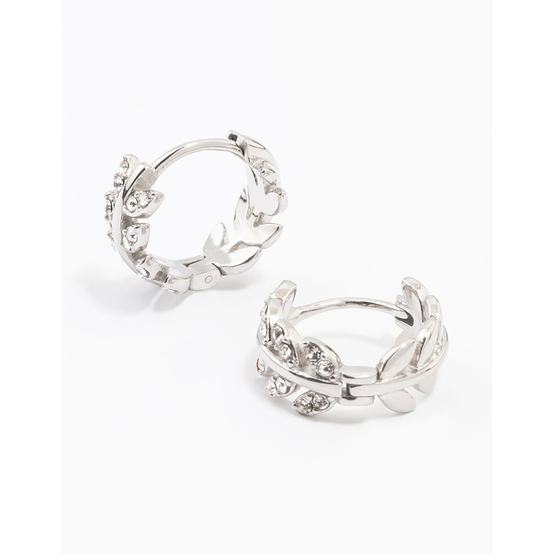 Surgical Steel Diamante Leaf Huggie Earrings