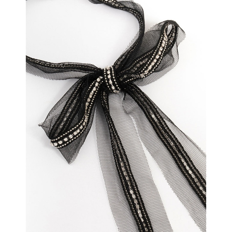 Black Fabric Diamante Bow Necklace
