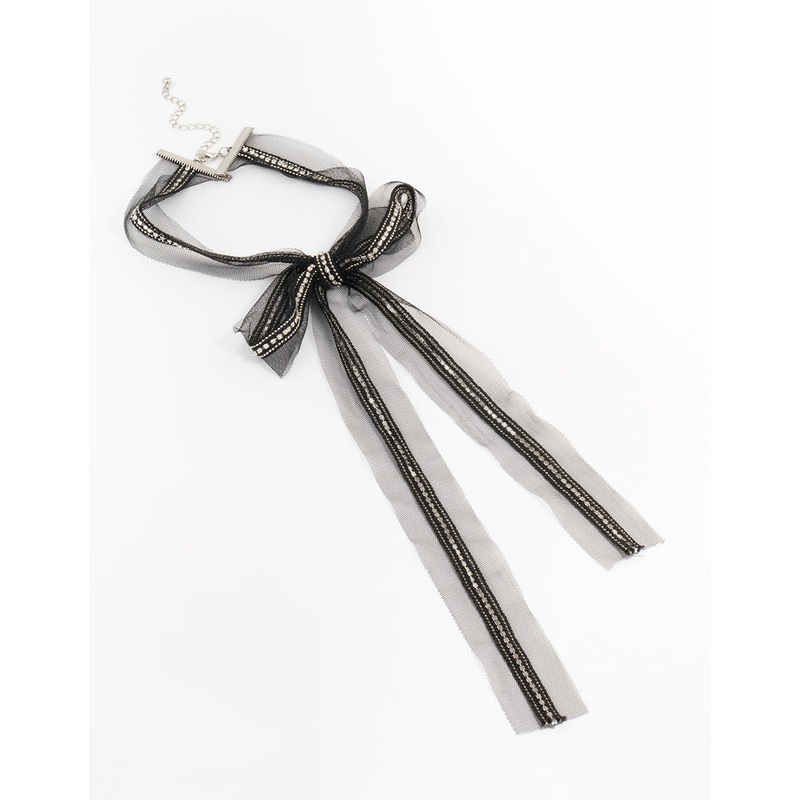 Black Fabric Diamante Bow Necklace