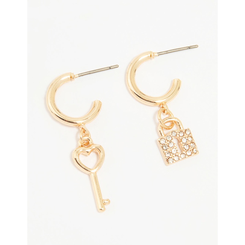 Gold Lock & Key Huggie Drop Earrings