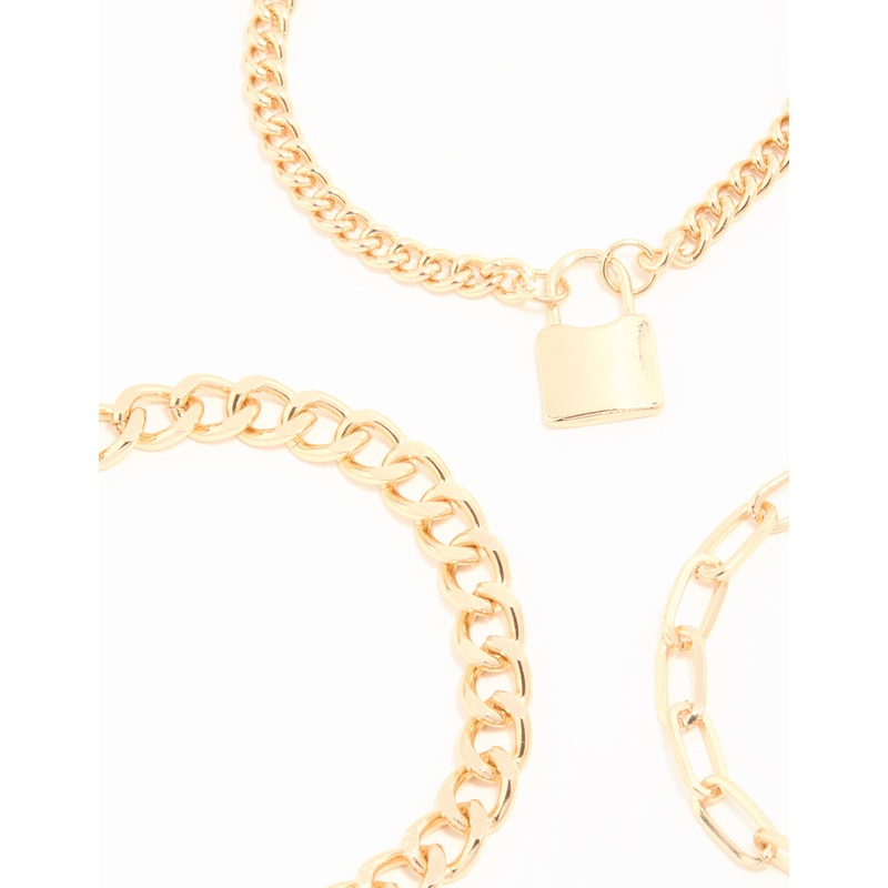 Gold Mixed Chain & Lock Bracelet 3-Pack