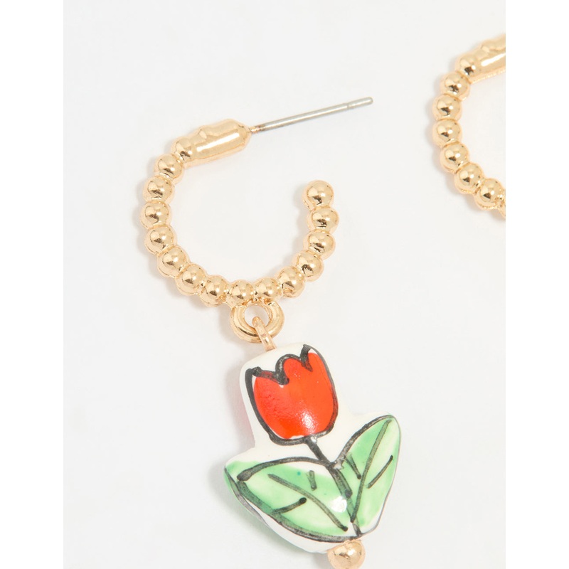 Gold Red Ceramic Flower Huggie Drop Earrings
