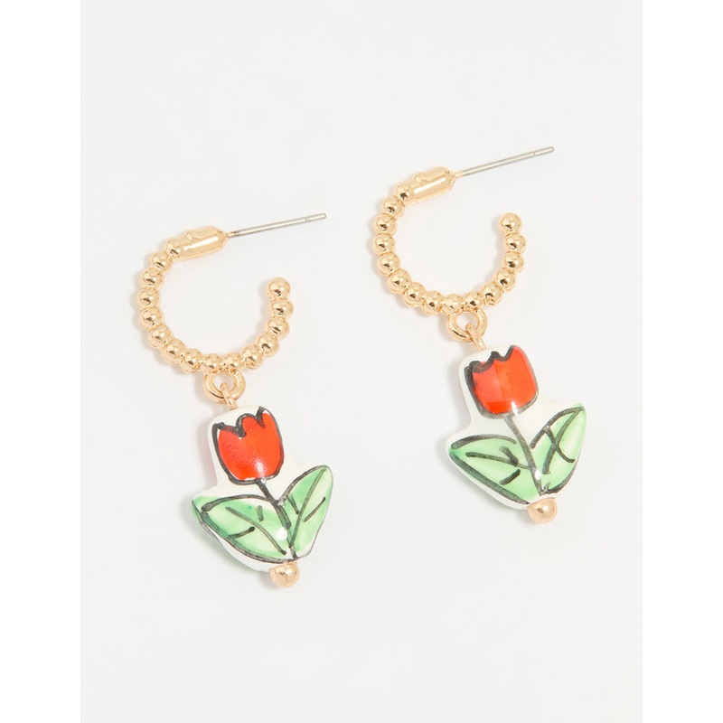 Gold Red Ceramic Flower Huggie Drop Earrings