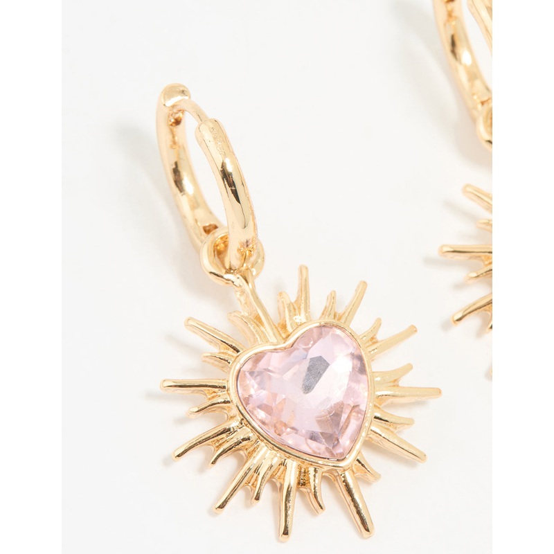 Gold Starburst Heart Huggie Drop Earrings