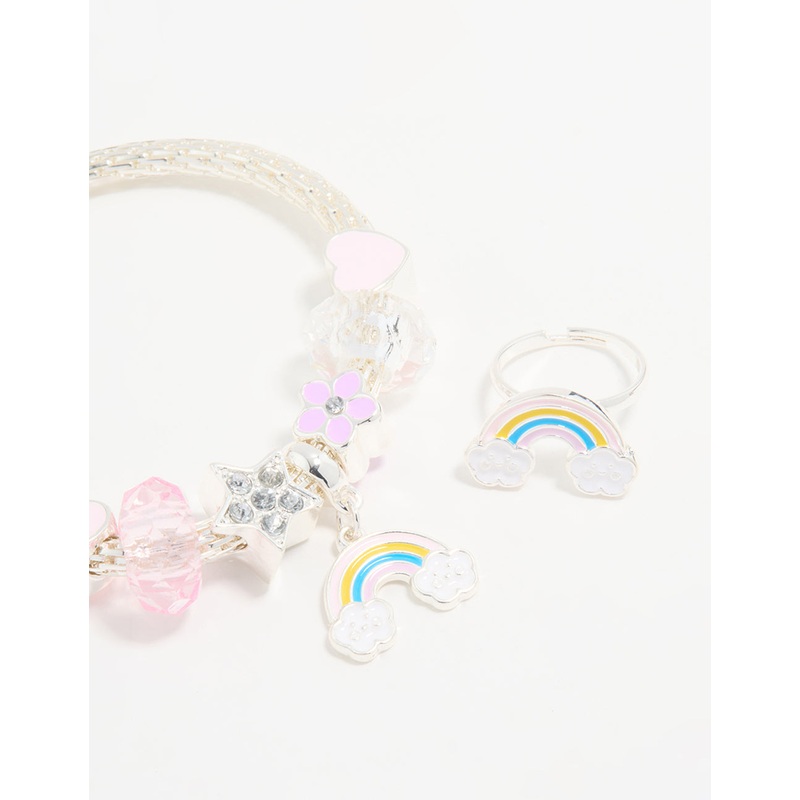 Kids Silver Beaded Rainbow Bracelet & Ring Pack