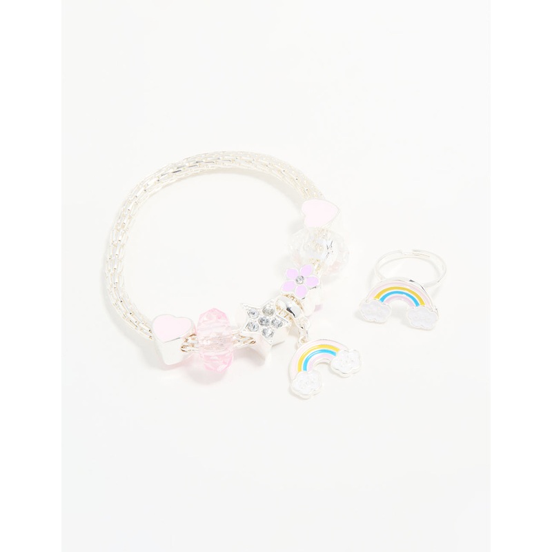 Kids Silver Beaded Rainbow Bracelet & Ring Pack