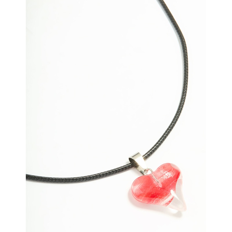 Red Bubble Heart Pendant Black Cord Necklace