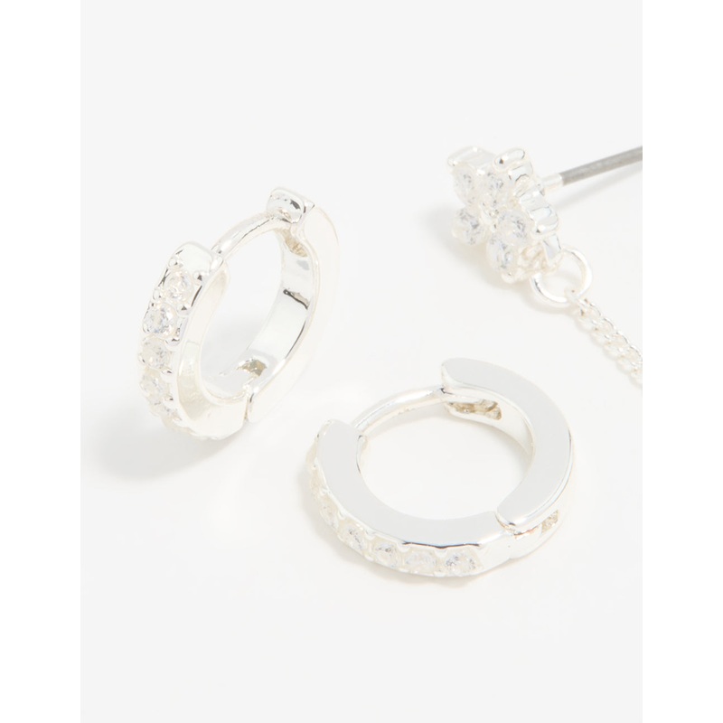 Silver Cubic Zirconia Chain Flower Chain & Huggie Earrings 3-Pack