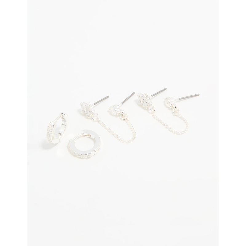 Silver Cubic Zirconia Chain Flower Chain & Huggie Earrings 3-Pack