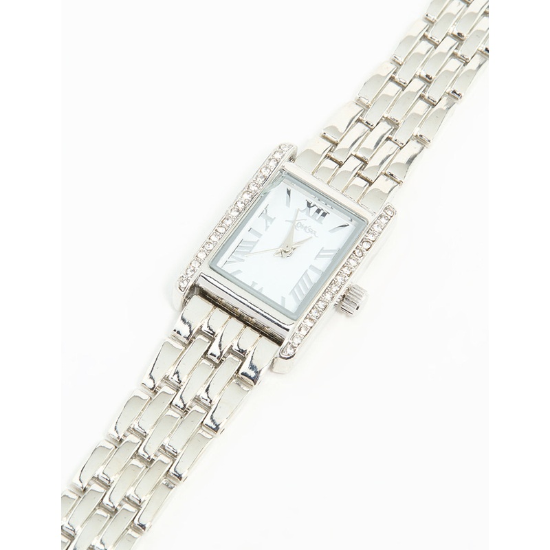 Silver Diamante Roman Numeral Rectangle Watch