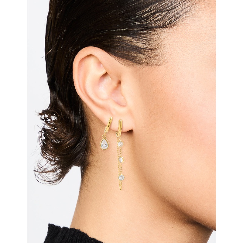 Waterproof Gold Plated Stainless Steel Cubic Zirconia Chain Droplet Earrings 2-Pack