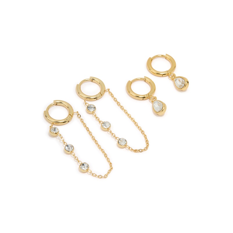 Waterproof Gold Plated Stainless Steel Cubic Zirconia Chain Droplet Earrings 2-Pack