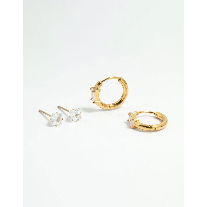 Waterproof Gold Plated Stainless Steel Cubic Zirconia Stud & Huggie Earrings 2-Pack