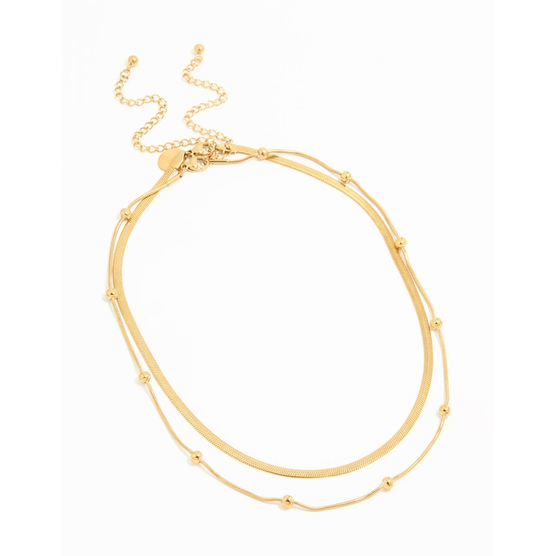 Waterproof Gold Plated Stainless Steel Ball & Chain Layered Necklace