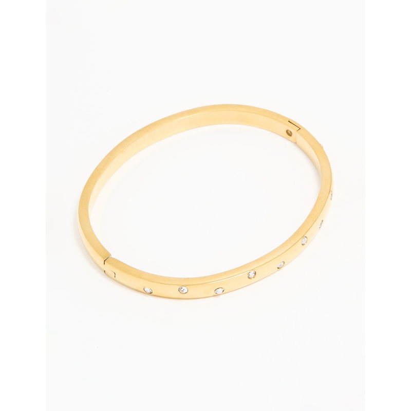 Waterproof Gold Plated Stainless Steel Diamante Smooth Hinged Bracelet