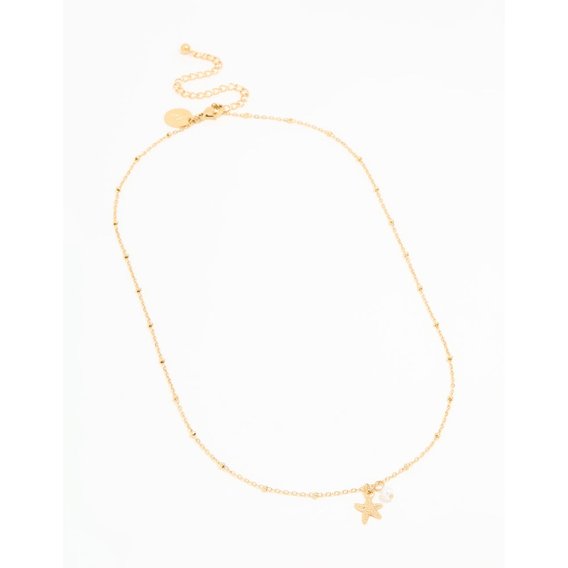 Waterproof Gold Plated Stainless Steel Pearl & Starfish Dainty Necklace