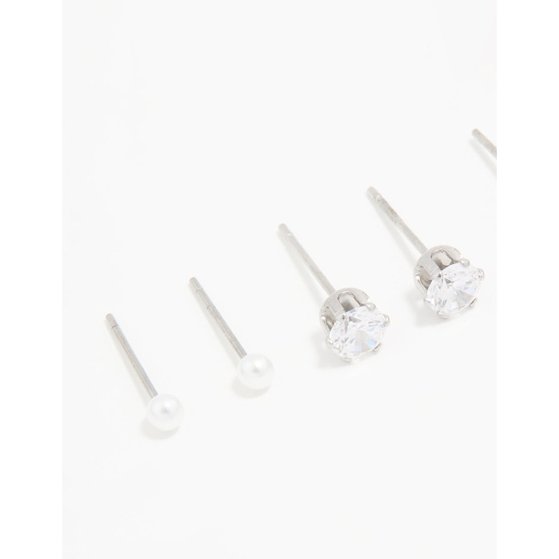 Waterproof Stainless Steel Cubic Zirconia & Pearl Stud Earrings 4-Pack