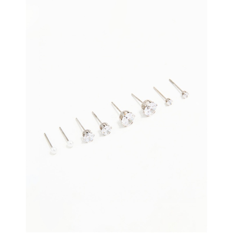 Waterproof Stainless Steel Cubic Zirconia & Pearl Stud Earrings 4-Pack