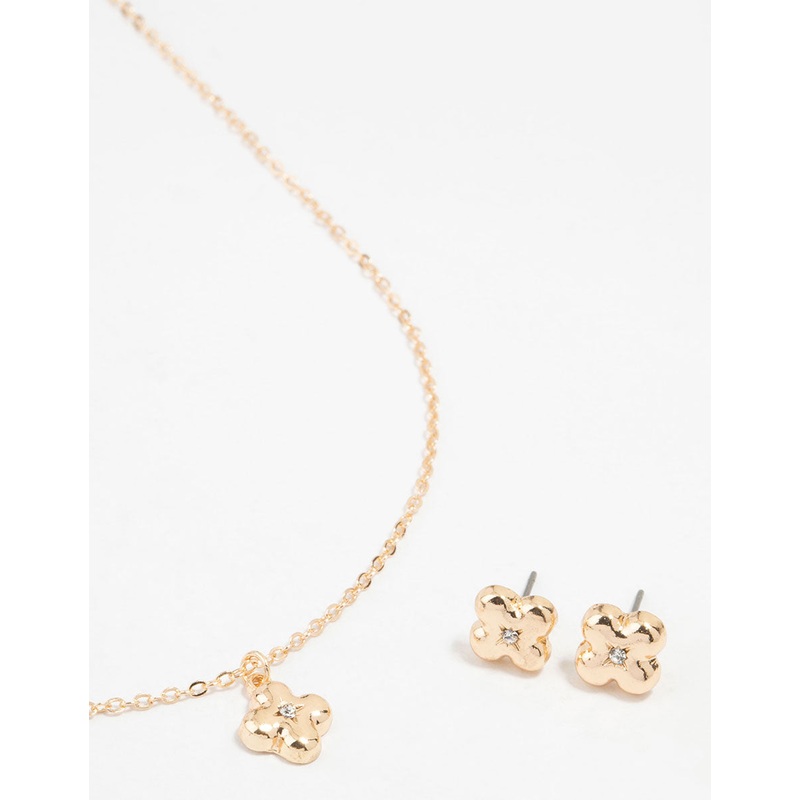 Gold Bubble Cross Necklace and Earrings Set