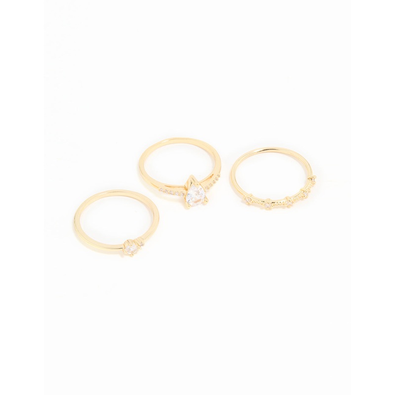 Gold Plated Cubic Zirconia Elegant Pear Stacking Rings 3-Pack