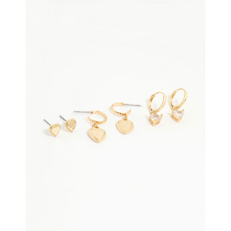 Gold Plated Cubic Zirconia Heart Earrings 3-Pack