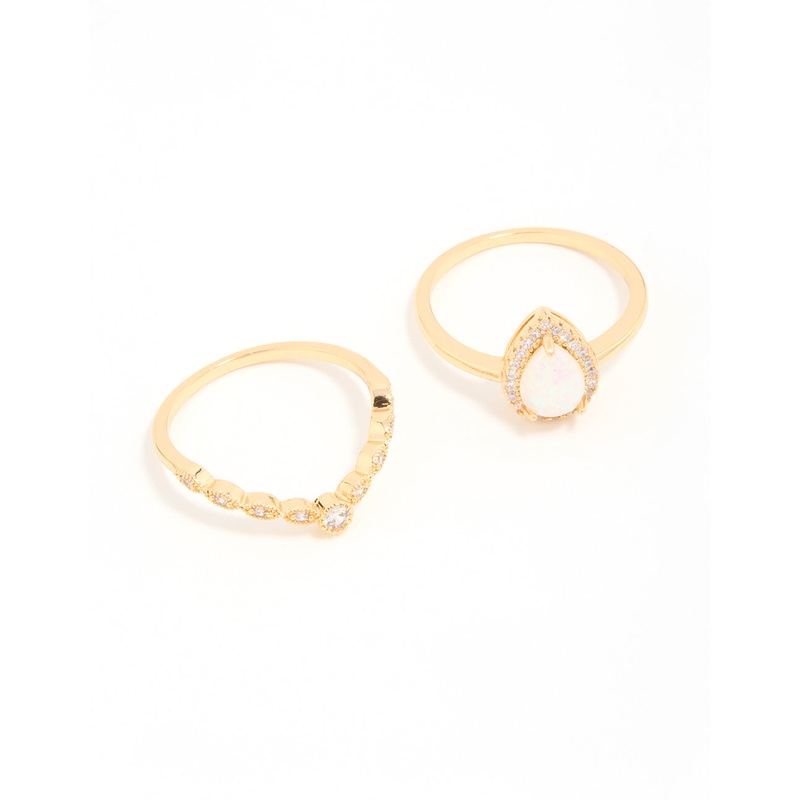 Gold Plated Cubic Zirconia Pear & Dainty Pointed Stacking Rings 2-Pack