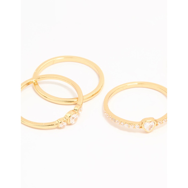 Gold Plated Cubic Zirconia Plain & Heart Stacking Rings 5-Pack