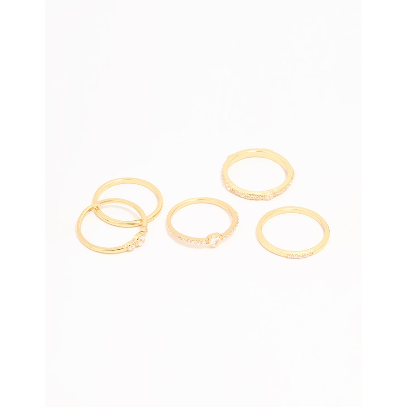Gold Plated Cubic Zirconia Plain & Heart Stacking Rings 5-Pack
