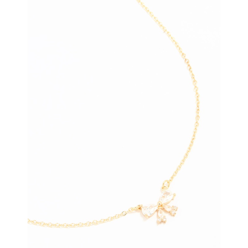 Gold Plated Cubic Zirconia Small Bow Pendant Necklace