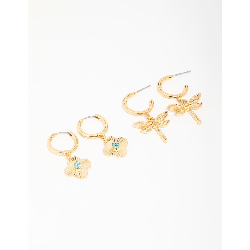 Gold Plated Dragonfly & Flower Drop Earrings 2-Pack
