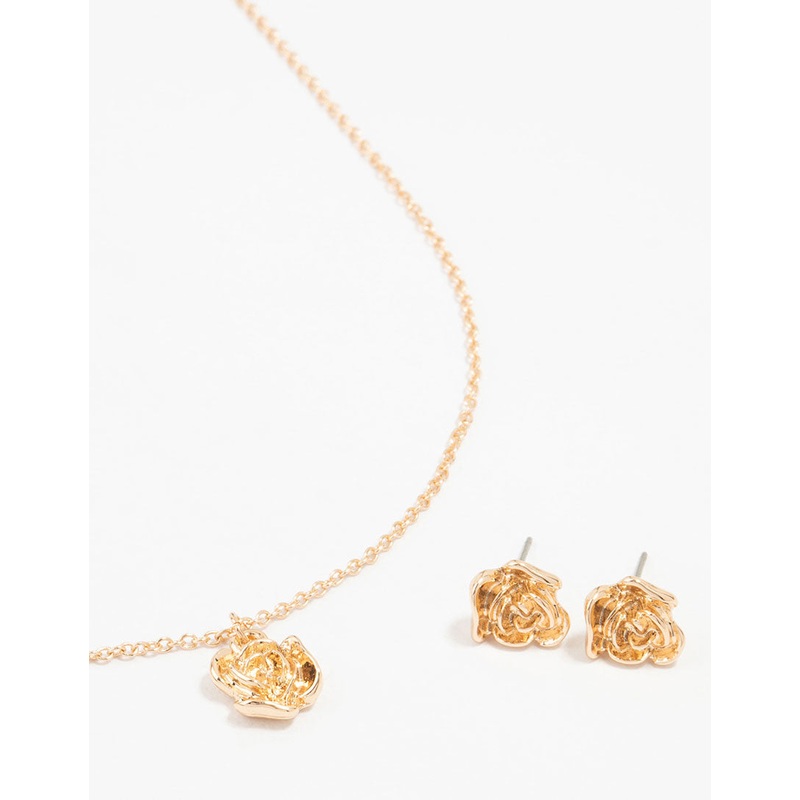 Gold Rosette Necklace and Stud Earrings Set