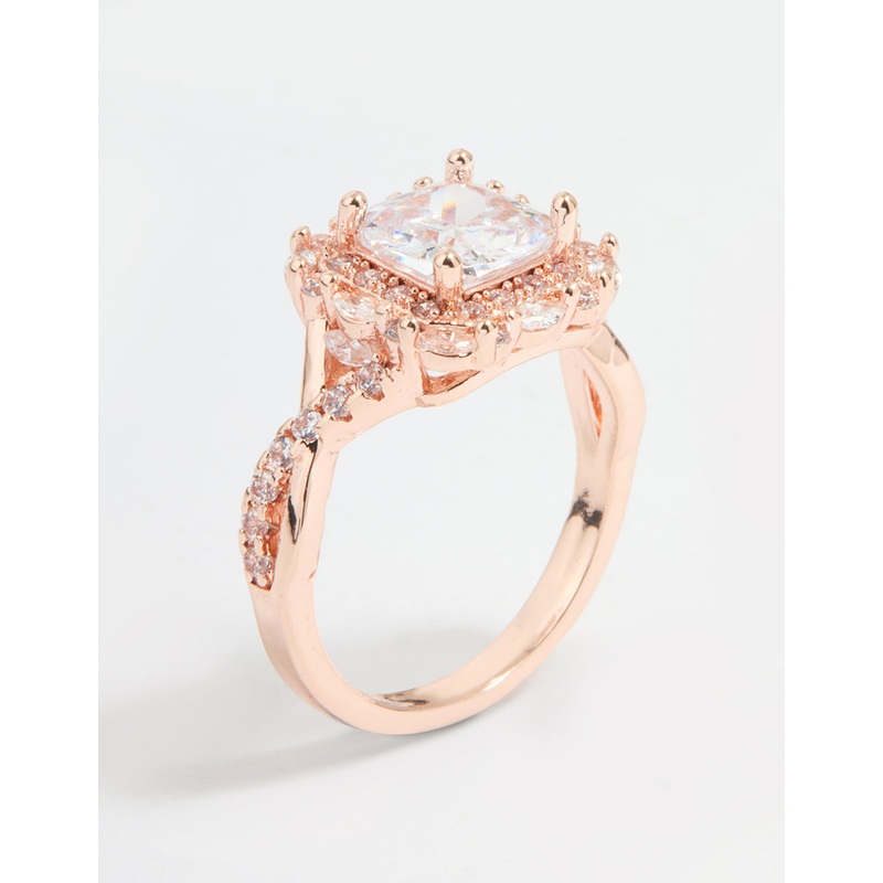 Rose Gold Cubic Zirconia Princess Halo Ring
